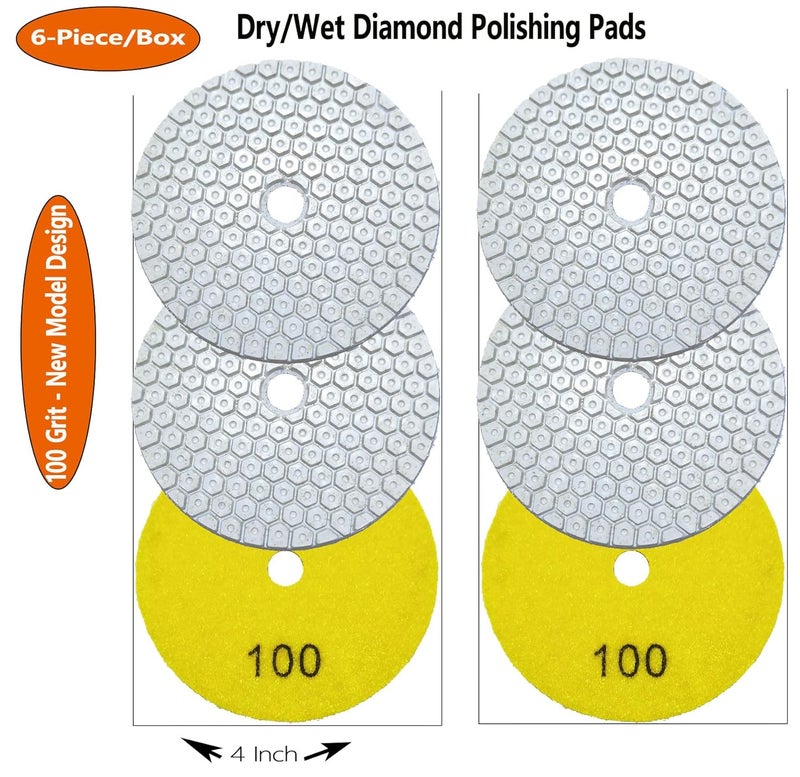 ANTENGDATOOL 4 Inch New Model Dry Diamond Polishing Pads Grit 100, 1 Box of 6 Piece Dry/Wet Marble Buffing Pad for Granite Quartz Concrete Stones(Need Water for Hard Tile) - Image 2